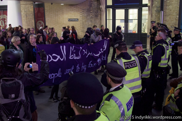 24th October 2015 protestors in London at Eurostar join solidarity protests in Paris and Budapest calling for the abolition of borders and better conditions for refugees and migrants